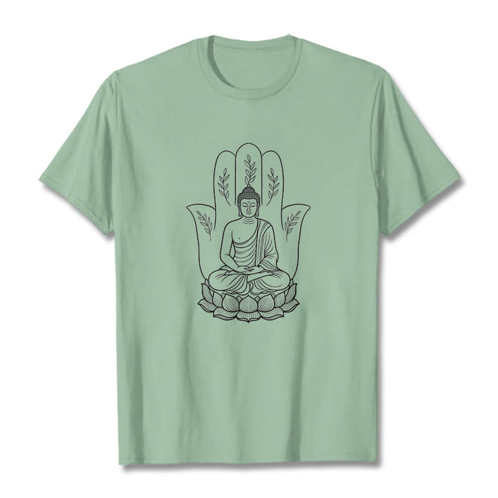 Camiseta con Buddha Stones meditando, Buda sentado, manos y hojas con base de loto - Verde pálido - 2XL - image 15