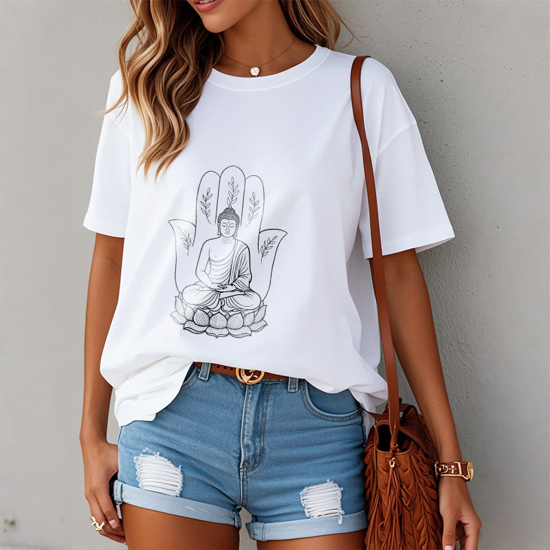 Camiseta con Buddha Stones meditando, Buda sentado, manos y hojas con base de loto - image 2