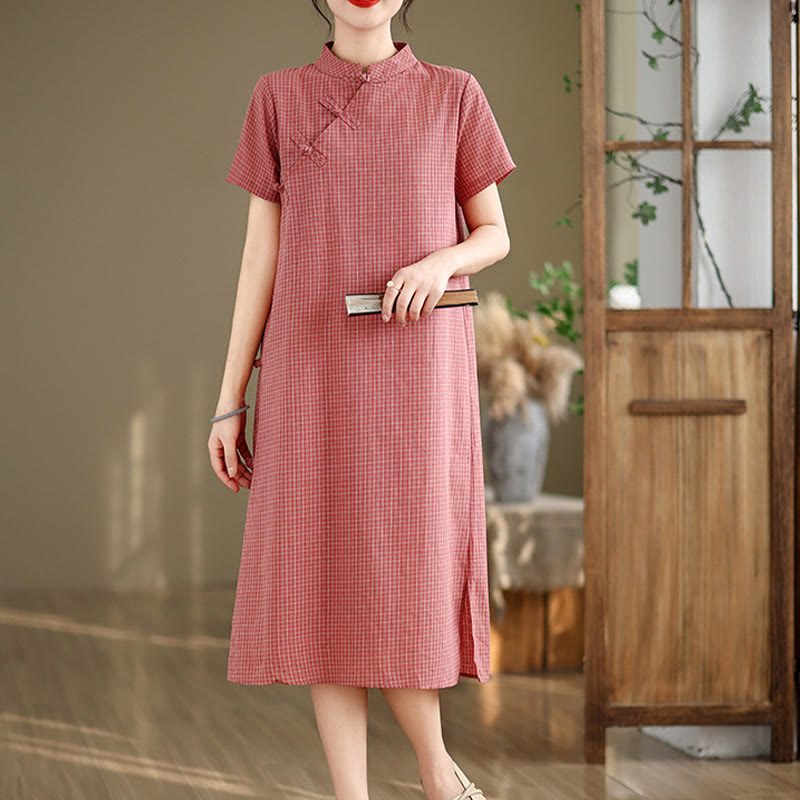 Vestido cheongsam midi de algodón y lino con diseño de botones de rana y manga corta a cuadros con Buddha Stones - Salmón - US8-10，UK/AU12-14，EU40-42 (2XL) - image 0