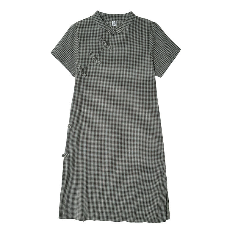 Vestido cheongsam midi de algodón y lino con diseño de botones de rana y manga corta a cuadros con Buddha Stones - image 15
