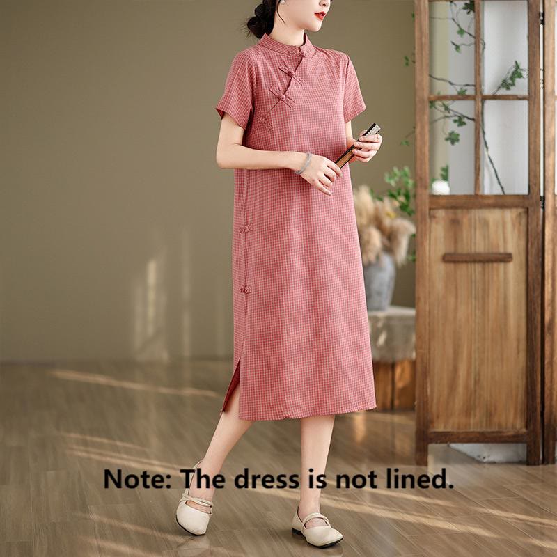 Vestido cheongsam midi de algodón y lino con diseño de botones de rana y manga corta a cuadros con Buddha Stones - image 1