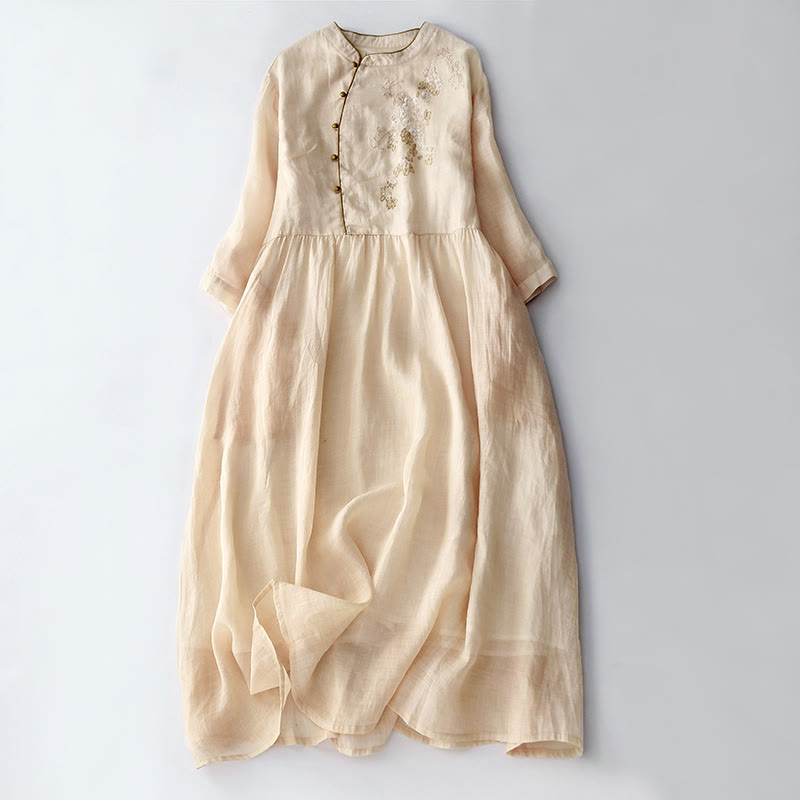 Vestido midi de lino y algodón de manga larga con diseño de botones bordados con Buddha Stones y bolsillos - Chifón de limón - US8-10，UK/AU12-14，EU40-42 (2XL) - image 0