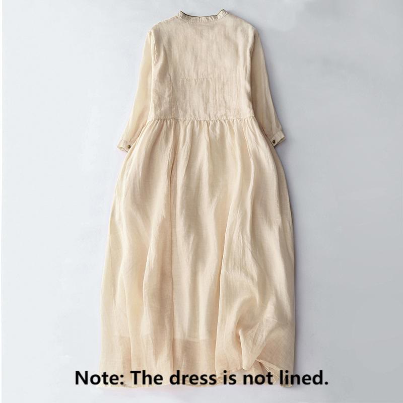 Vestido midi de lino y algodón de manga larga con diseño de botones bordados con Buddha Stones y bolsillos - image 1