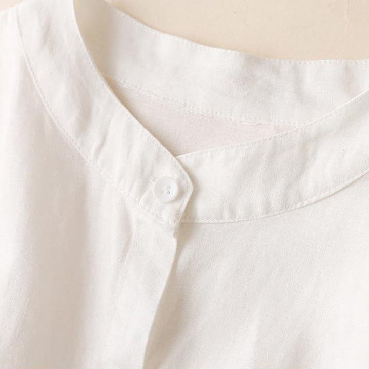 Vestido midi de lino y algodón con cuello alto, manga larga y bolsillos, diseño de botones con Buddha Stones - image 11