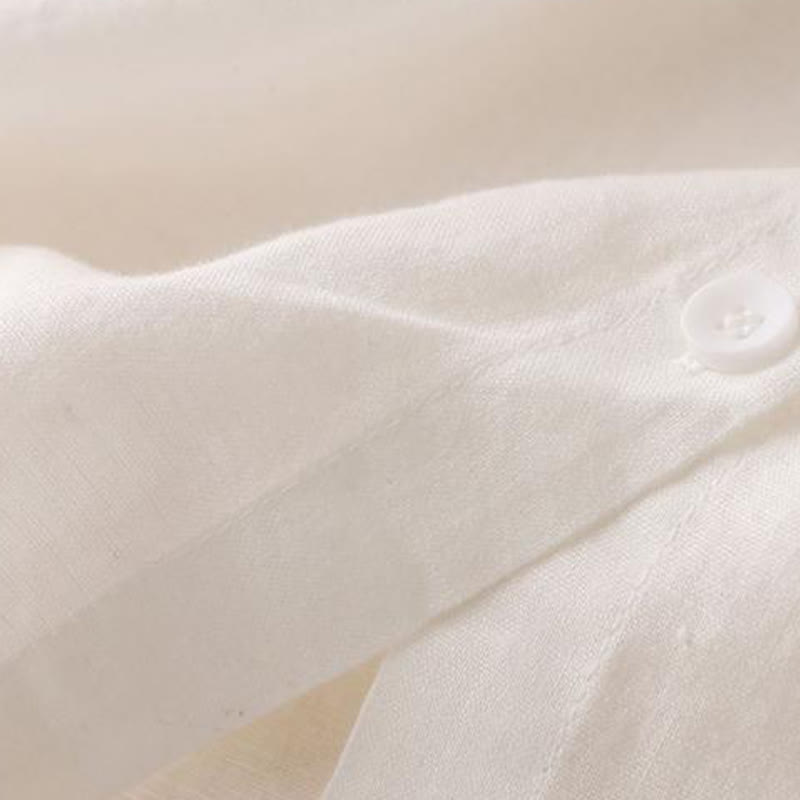 Vestido midi de lino y algodón con cuello alto, manga larga y bolsillos, diseño de botones con Buddha Stones - image 12