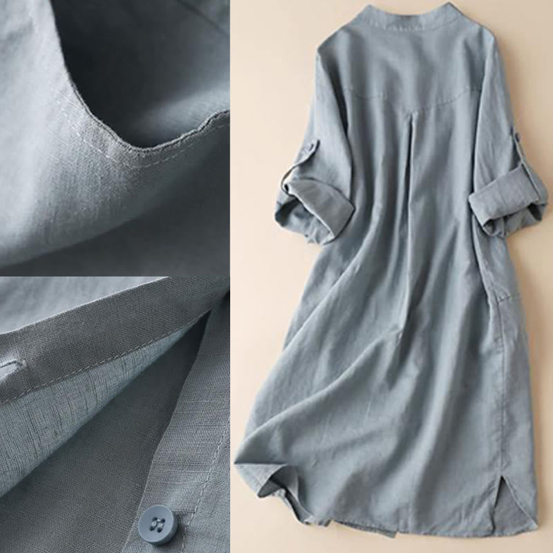 Vestido midi de lino y algodón con cuello alto, manga larga y bolsillos, diseño de botones con Buddha Stones - image 8