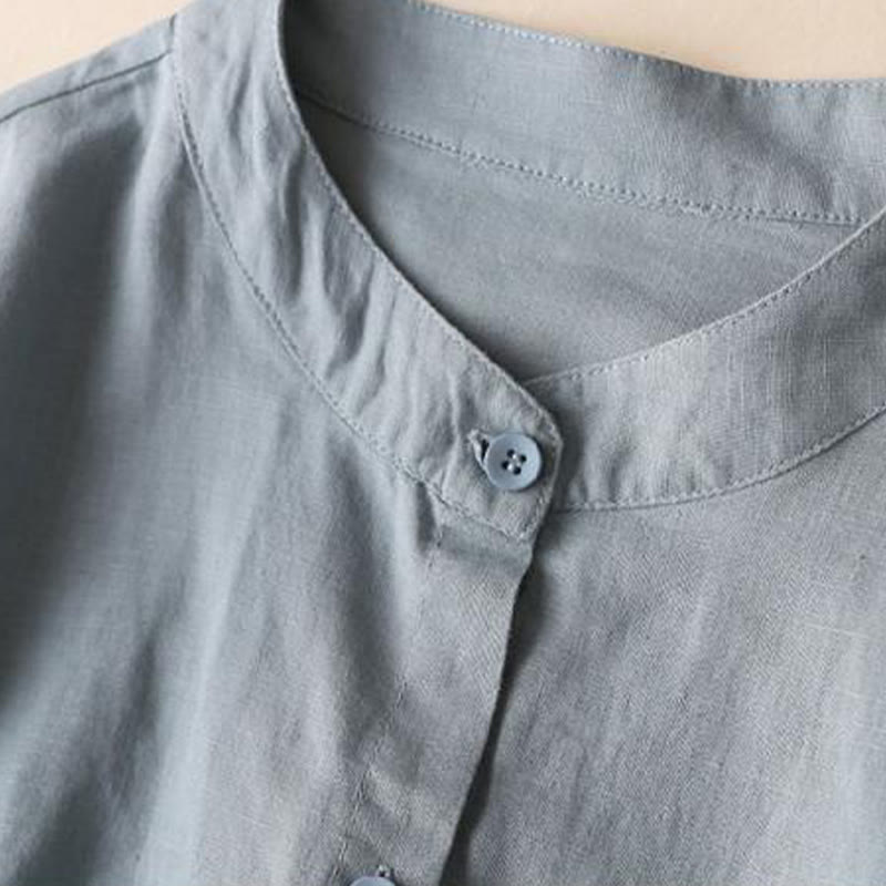 Vestido midi de lino y algodón con cuello alto, manga larga y bolsillos, diseño de botones con Buddha Stones - image 2