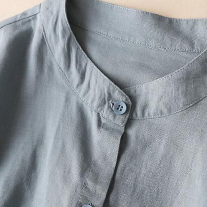 Vestido midi de lino y algodón con cuello alto, manga larga y bolsillos, diseño de botones con Buddha Stones - image 2