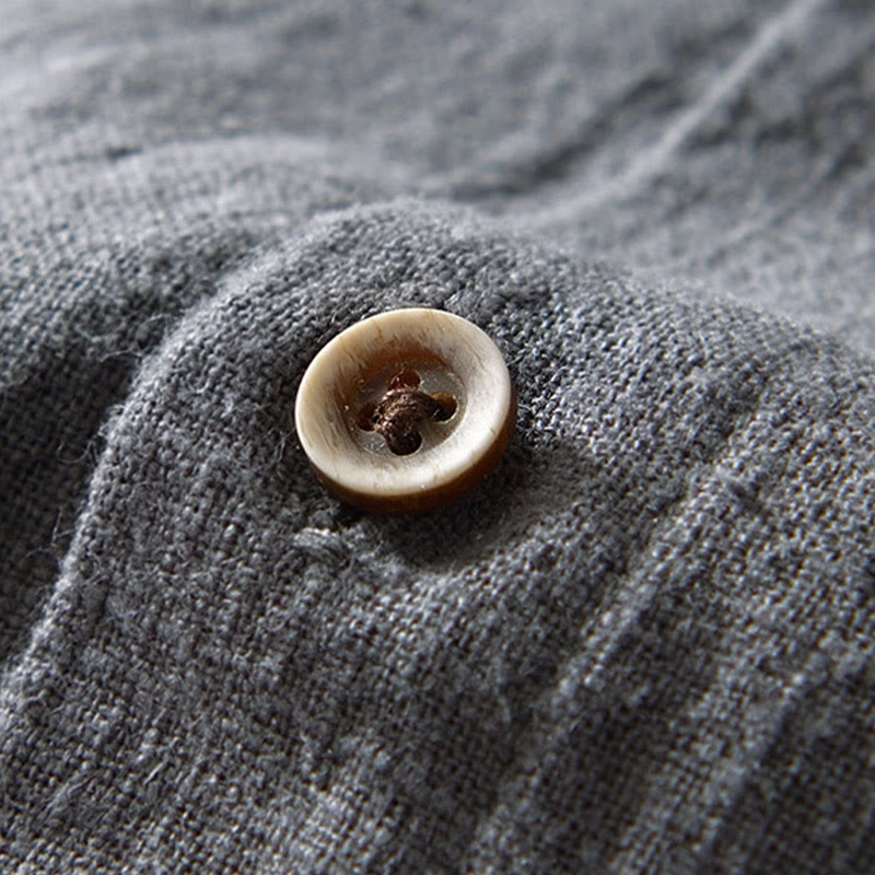 Camisa de lino y algodón de manga larga con botones y bolsillos para hombre, de color liso, con Buddha Stones - image 19