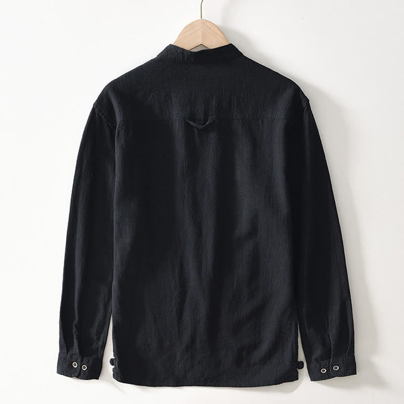 Camisa de lino y algodón de manga larga con botones y bolsillos para hombre, de color liso, con Buddha Stones - image 8