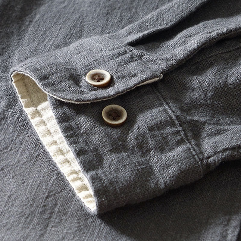 Camisa de lino y algodón de manga larga con botones y bolsillos para hombre, de color liso, con Buddha Stones - image 20