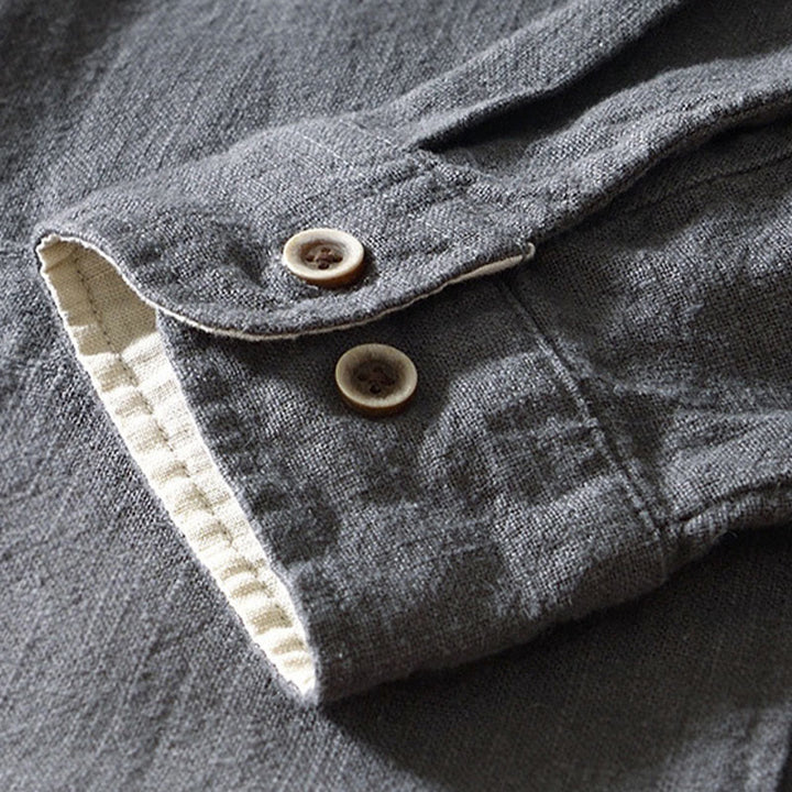 Camisa de lino y algodón de manga larga con botones y bolsillos para hombre, de color liso, con Buddha Stones - image 20