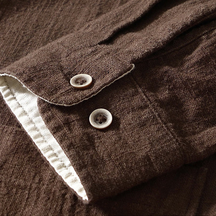 Camisa de lino y algodón de manga larga con botones y bolsillos para hombre, de color liso, con Buddha Stones - image 3