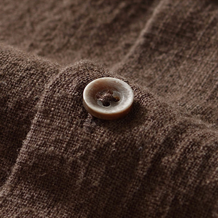 Camisa de lino y algodón de manga larga con botones y bolsillos para hombre, de color liso, con Buddha Stones - image 2