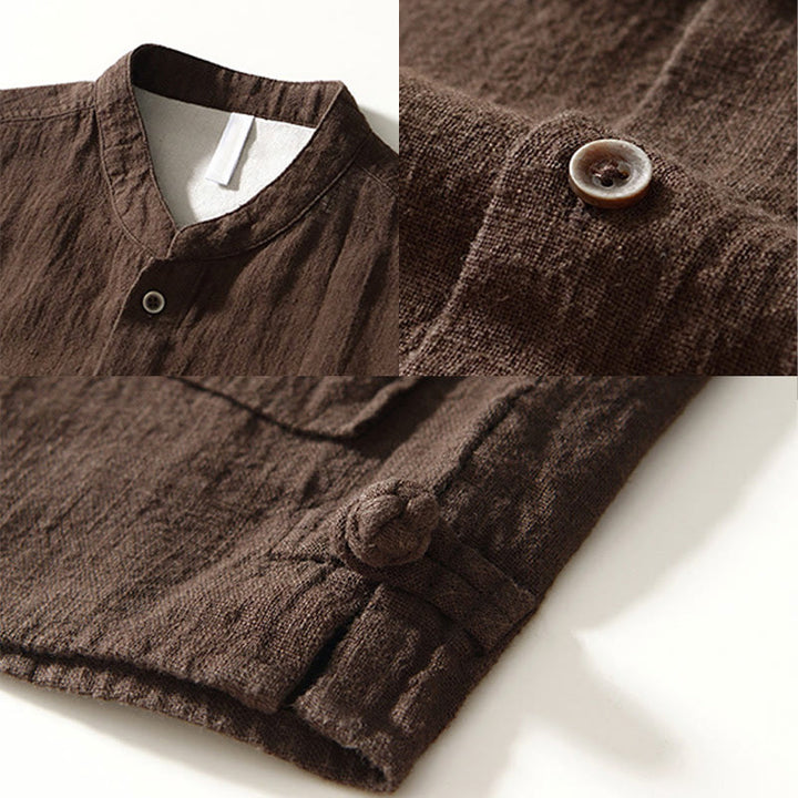 Camisa de lino y algodón de manga larga con botones y bolsillos para hombre, de color liso, con Buddha Stones - image 6