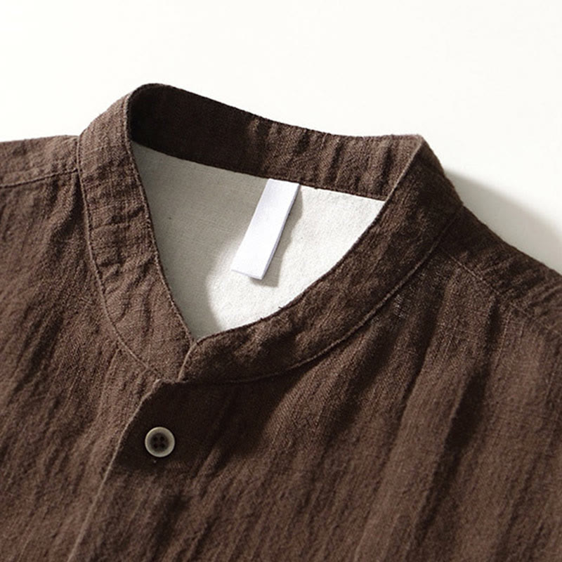 Camisa de lino y algodón de manga larga con botones y bolsillos para hombre, de color liso, con Buddha Stones - image 1