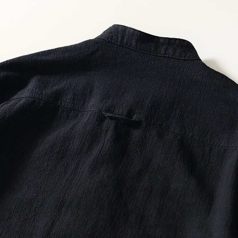 Camisa de lino y algodón de manga larga con botones y bolsillos para hombre, de color liso, con Buddha Stones - image 10