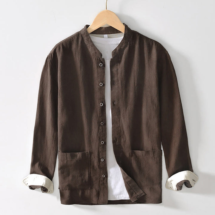 Camisa de lino y algodón de manga larga con botones y bolsillos para hombre, de color liso, con Buddha Stones - SaddleBrown - US/UK/AU42, EU52 (3XL) - image 0