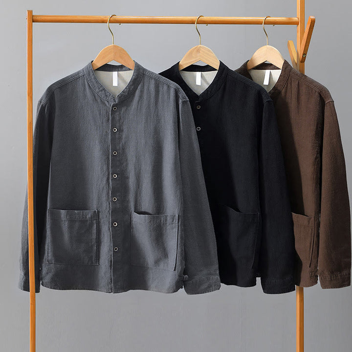 Camisa de lino y algodón de manga larga con botones y bolsillos para hombre, de color liso, con Buddha Stones - image 24