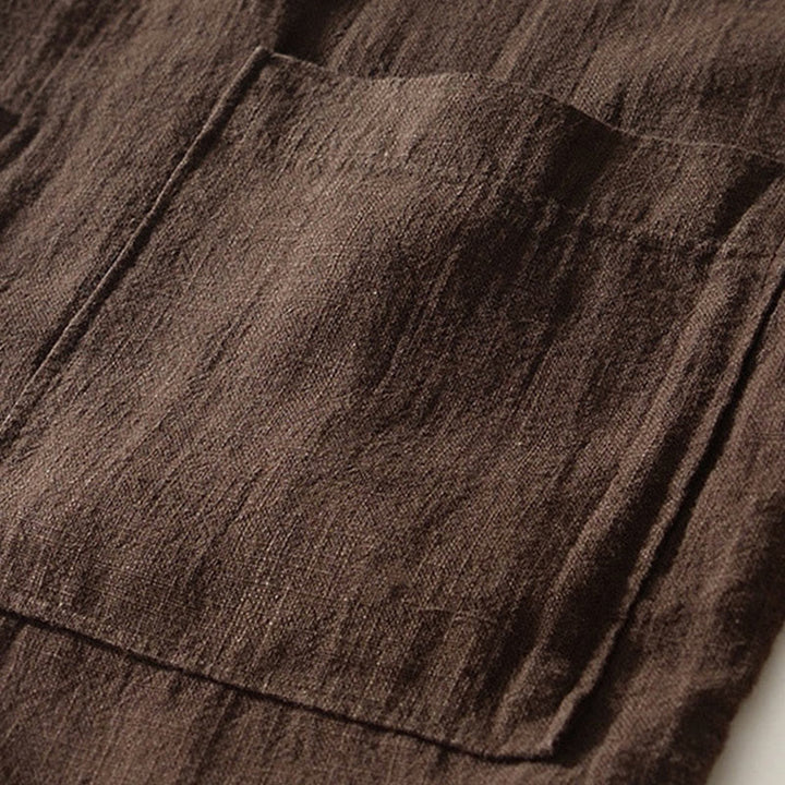 Camisa de lino y algodón de manga larga con botones y bolsillos para hombre, de color liso, con Buddha Stones - image 5