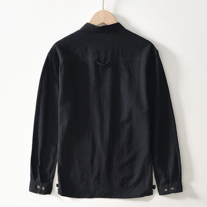 Camisa de lino y algodón de manga larga con botones y bolsillos para hombre, de color liso, con Buddha Stones - image 8