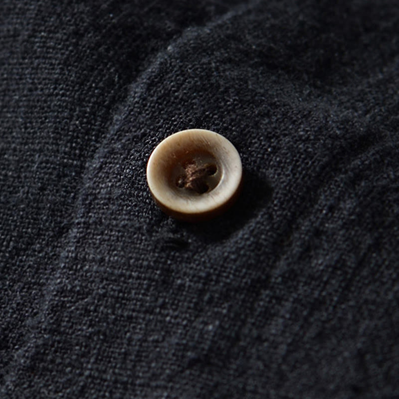 Camisa de lino y algodón de manga larga con botones y bolsillos para hombre, de color liso, con Buddha Stones - image 11