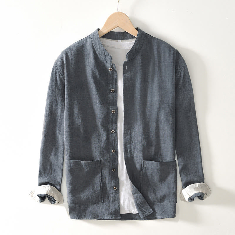 Camisa de lino y algodón de manga larga con botones y bolsillos para hombre, de color liso, con Buddha Stones - Gris pizarra claro - US/UK/AU42, EU52 (3XL) - image 16