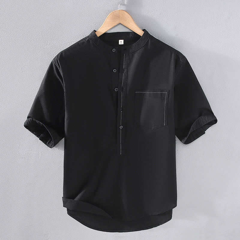 Camisa de lino de manga corta con cuello alto y diseño de medio botón de color puro de Buddha Stones Spring con bolsillo para hombre - Negro - US/UK/AU42, EU52 (3XL) - image 1