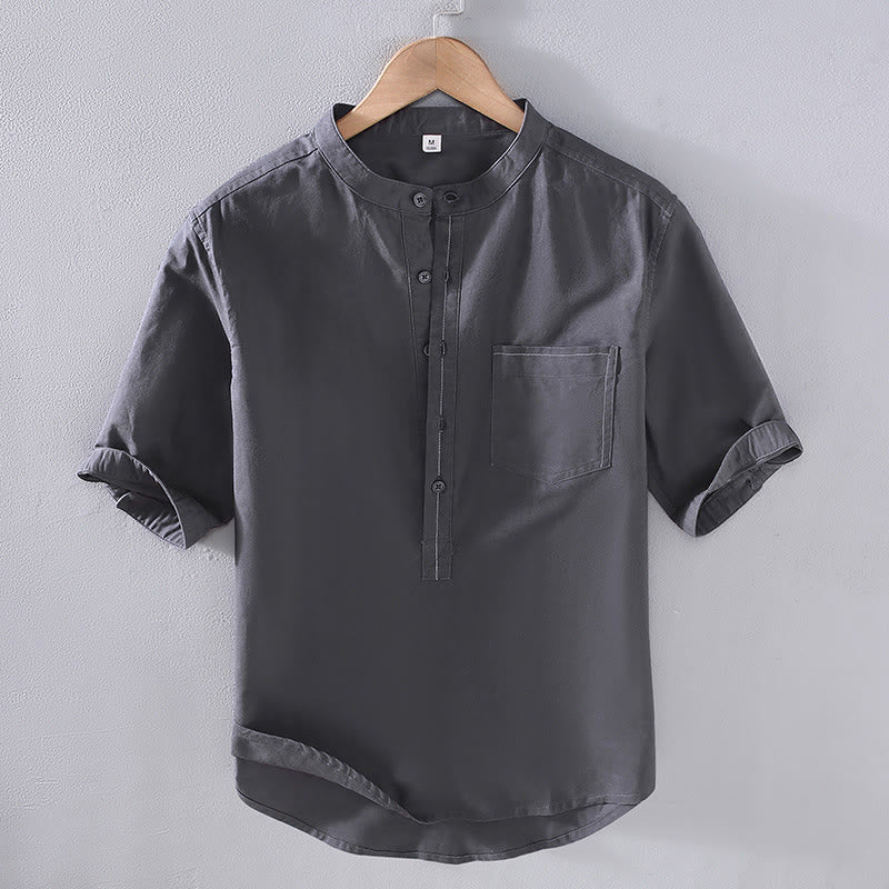 Camisa de lino de manga corta con cuello alto y diseño de medio botón de color puro de Buddha Stones Spring con bolsillo para hombre - Gris pizarra - US/UK/AU42, EU52 (3XL) - image 0