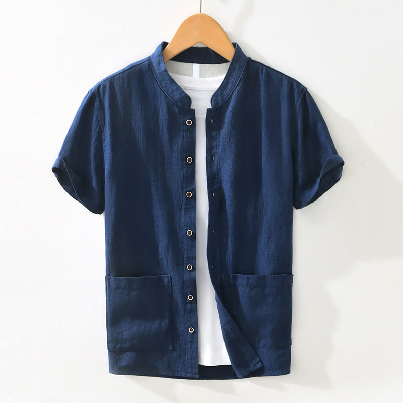 Camisa de lino y algodón de manga corta para hombre, con cuello alto, diseño informal de botones y Buddha Stones, con bolsillos - Azul oscuro - US/UK/AU42, EU52 (3XL) - image 13