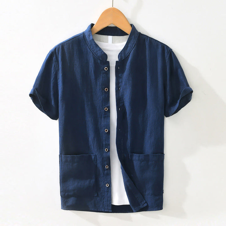 Camisa de lino y algodón de manga corta para hombre, con cuello alto, diseño informal de botones y Buddha Stones, con bolsillos - Azul oscuro - US/UK/AU42, EU52 (3XL) - image 13