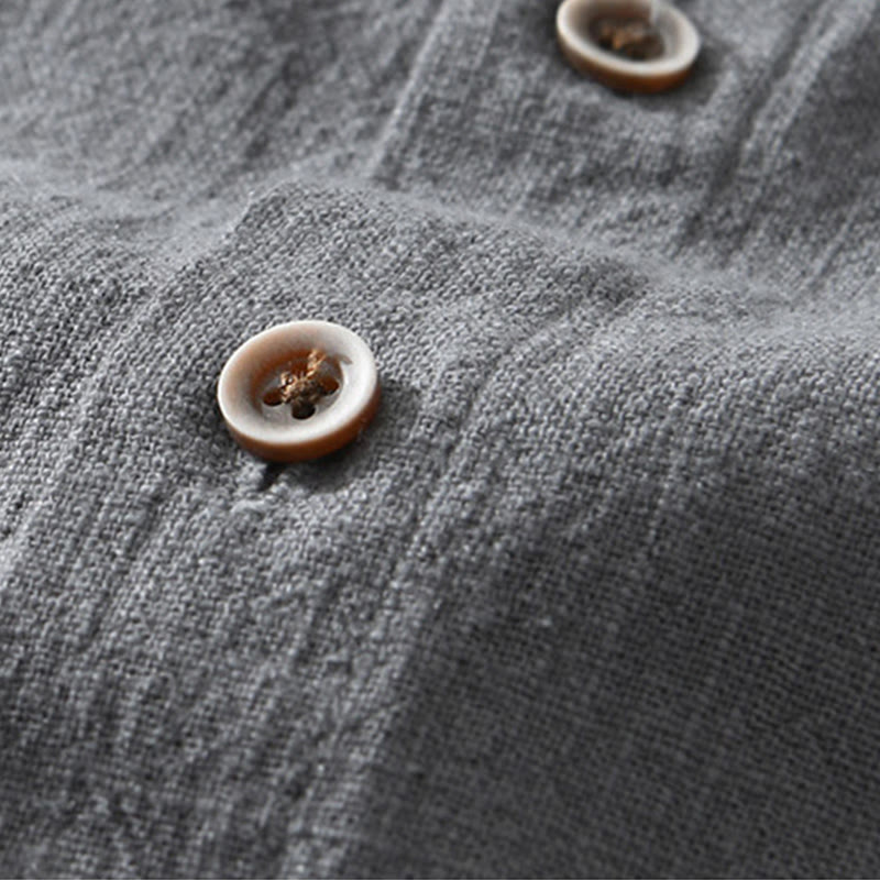 Camisa de lino y algodón de manga corta para hombre, con cuello alto, diseño informal de botones y Buddha Stones, con bolsillos - image 2