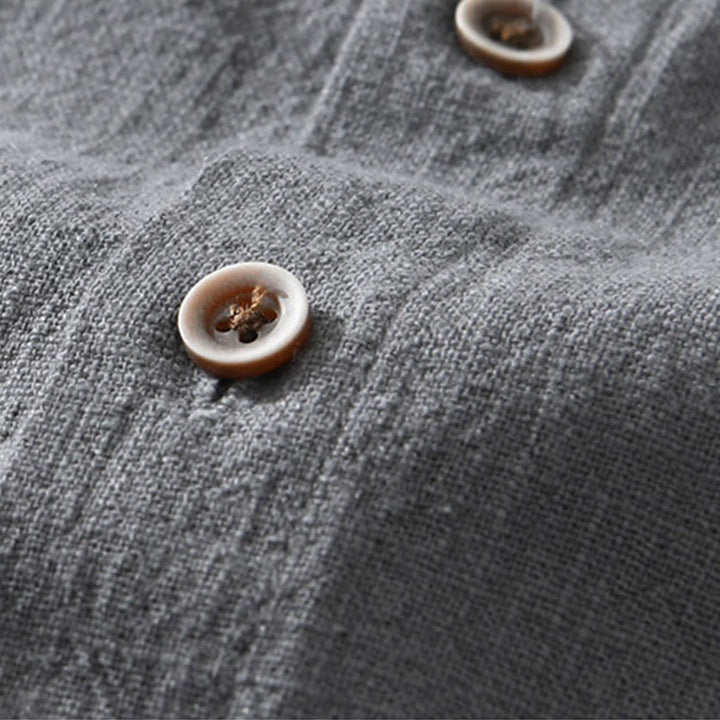 Camisa de lino y algodón de manga corta para hombre, con cuello alto, diseño informal de botones y Buddha Stones, con bolsillos - image 2