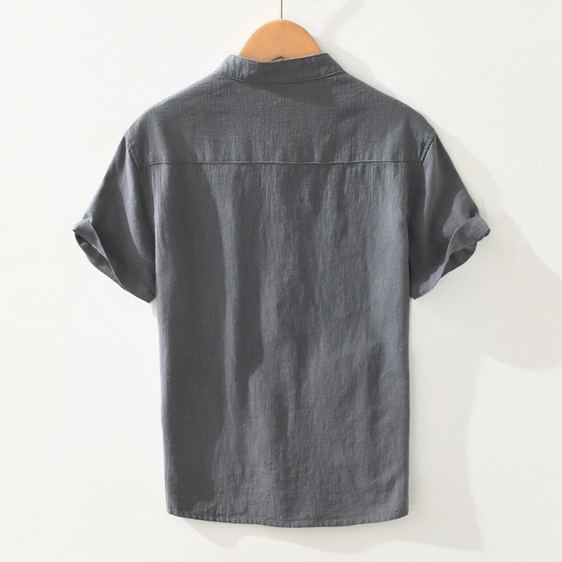 Camisa de lino y algodón de manga corta para hombre, con cuello alto, diseño informal de botones y Buddha Stones, con bolsillos - image 1
