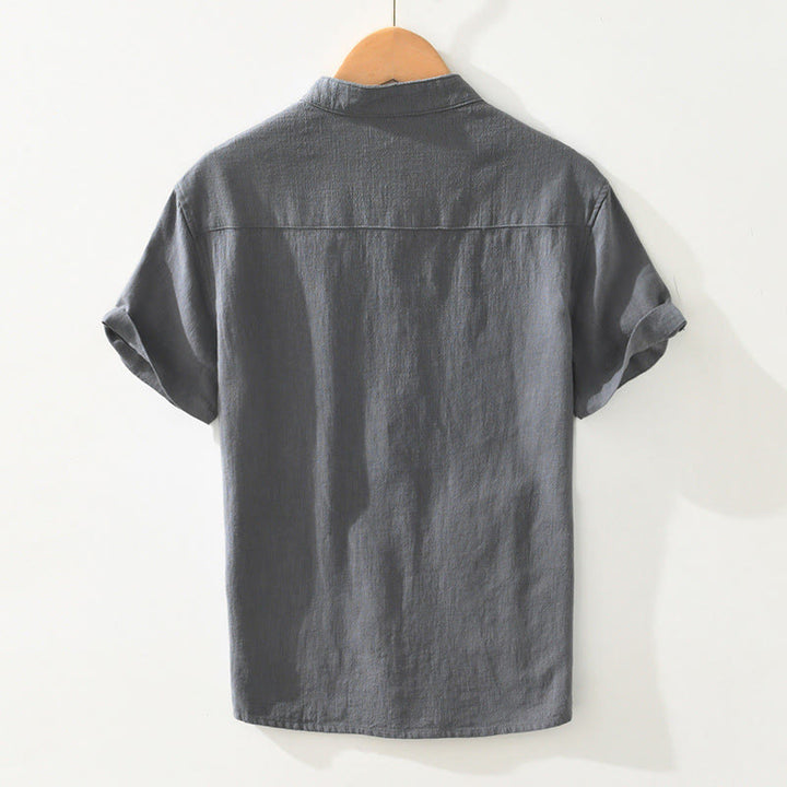 Camisa de lino y algodón de manga corta para hombre, con cuello alto, diseño informal de botones y Buddha Stones, con bolsillos - image 1