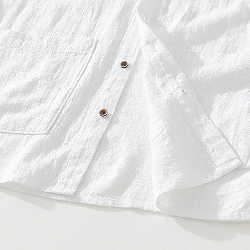 Camisa de lino y algodón de manga corta para hombre, con cuello alto, diseño informal de botones y Buddha Stones, con bolsillos - image 10