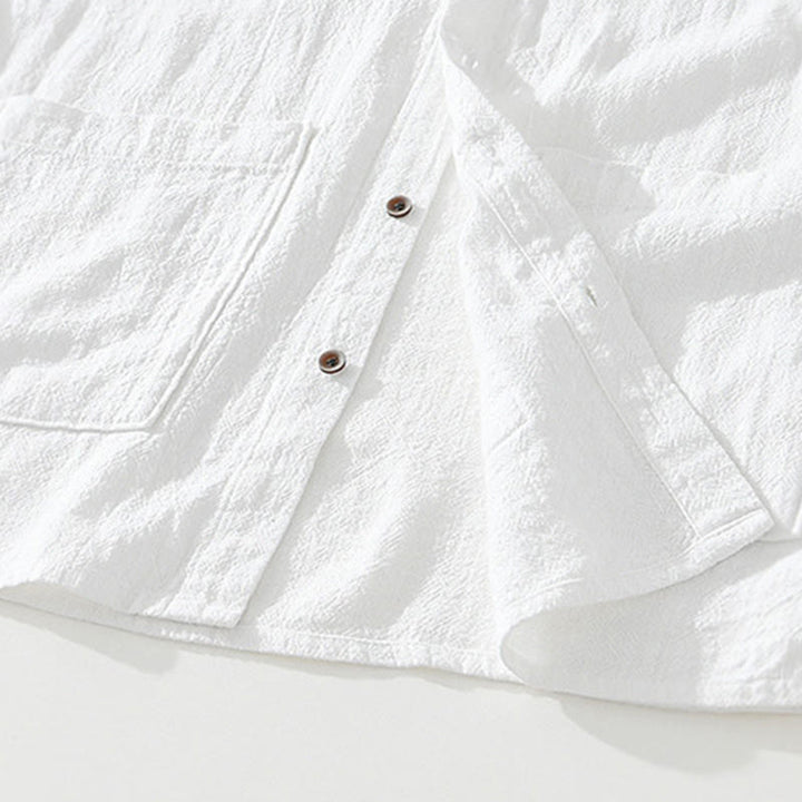 Camisa de lino y algodón de manga corta para hombre, con cuello alto, diseño informal de botones y Buddha Stones, con bolsillos - image 10