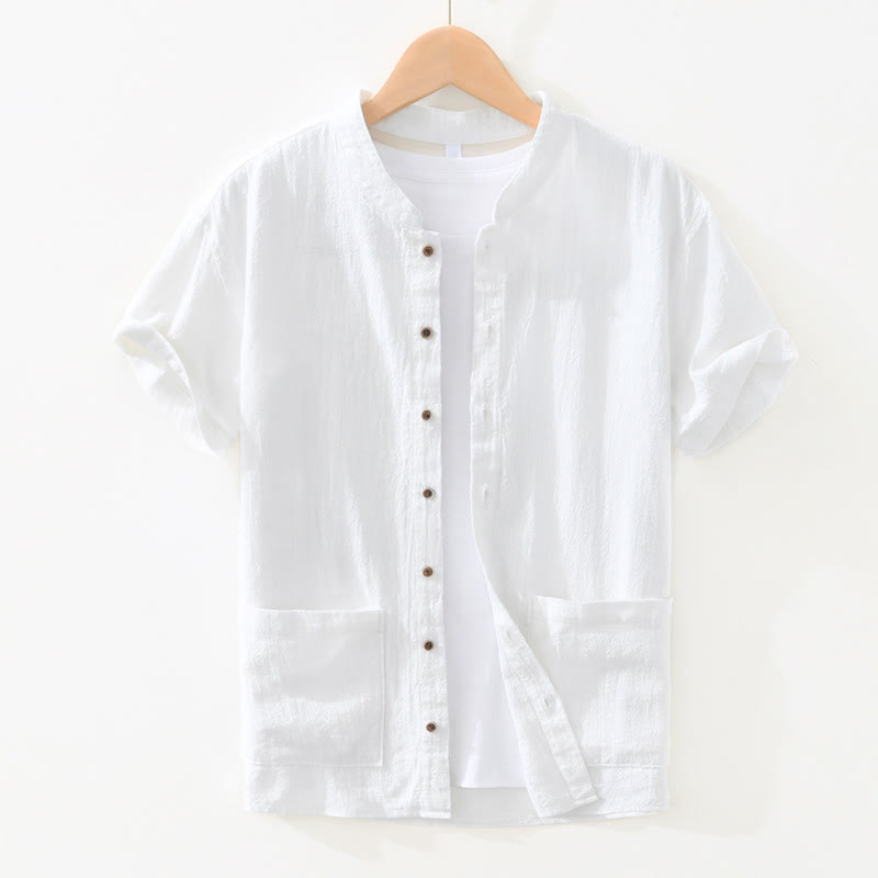 Camisa de lino y algodón de manga corta para hombre, con cuello alto, diseño informal de botones y Buddha Stones, con bolsillos - Blanco - US/UK/AU42, EU52 (3XL) - image 7