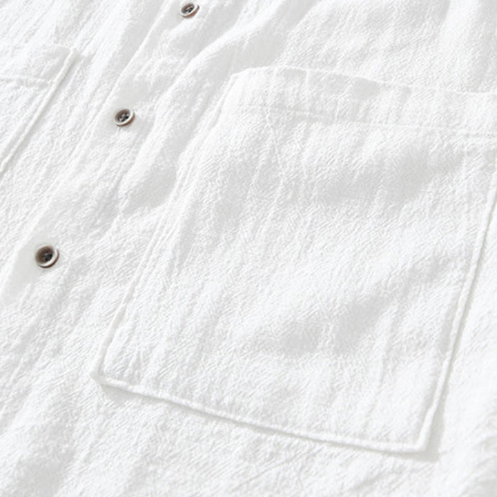 Camisa de lino y algodón de manga corta para hombre, con cuello alto, diseño informal de botones y Buddha Stones, con bolsillos - image 8