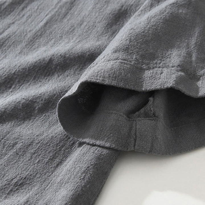 Camisa de lino y algodón de manga corta para hombre, con cuello alto, diseño informal de botones y Buddha Stones, con bolsillos - image 4