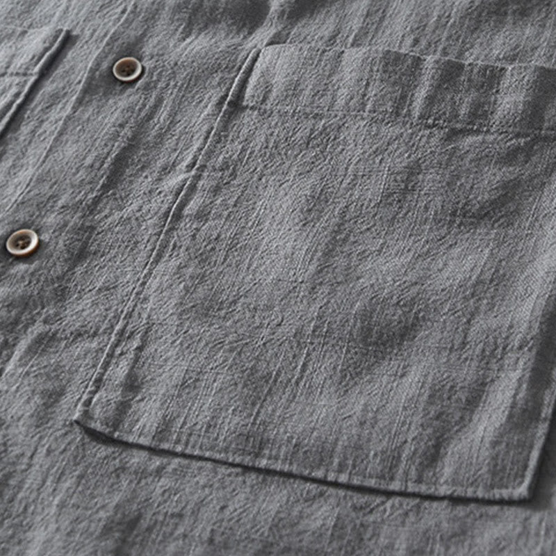 Camisa de lino y algodón de manga corta para hombre, con cuello alto, diseño informal de botones y Buddha Stones, con bolsillos - image 3