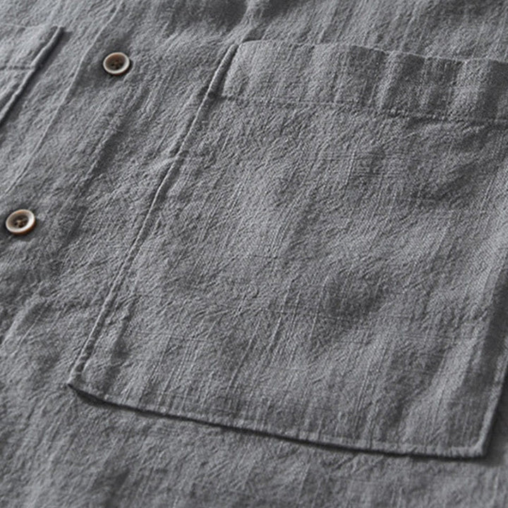 Camisa de lino y algodón de manga corta para hombre, con cuello alto, diseño informal de botones y Buddha Stones, con bolsillos - image 3