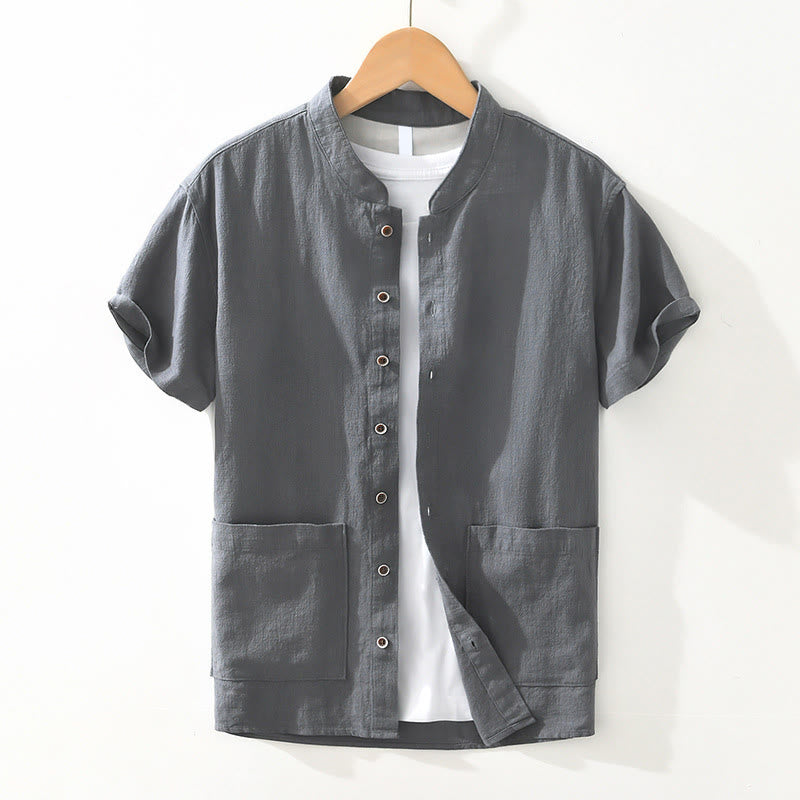 Camisa de lino y algodón de manga corta para hombre, con cuello alto, diseño informal de botones y Buddha Stones, con bolsillos - Gris pizarra - US/UK/AU42, EU52 (3XL) - image 0