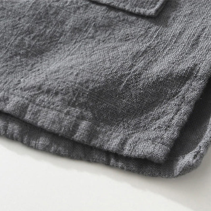 Camisa de lino y algodón de manga corta para hombre, con cuello alto, diseño informal de botones y Buddha Stones, con bolsillos - image 5