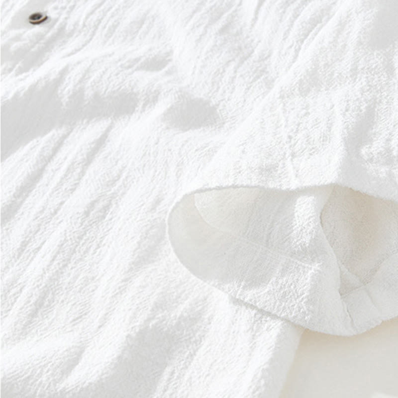 Camisa de lino y algodón de manga corta para hombre, con cuello alto, diseño informal de botones y Buddha Stones, con bolsillos - image 9