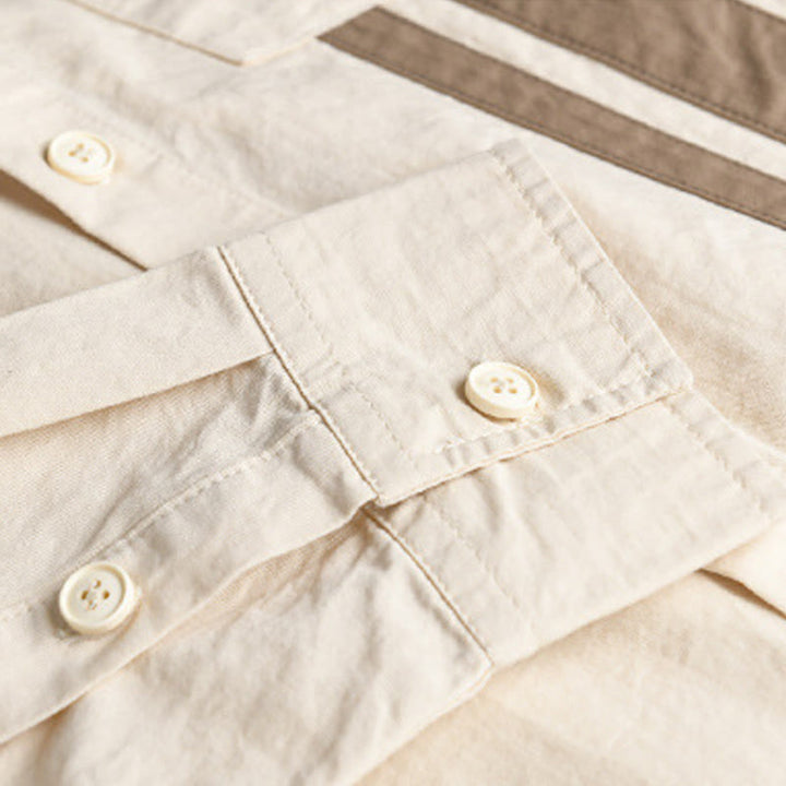 Camisa de algodón de manga larga para hombre con diseño de patchwork en contraste de color y solapa con estampado de Buddha Stones y bolsillo - image 6