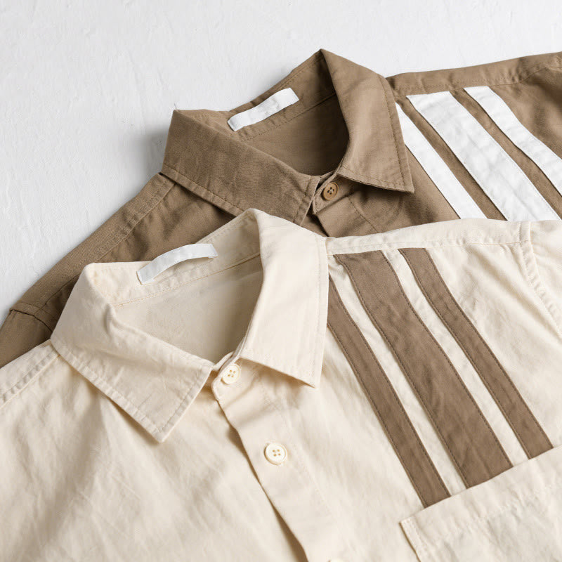 Camisa de algodón de manga larga para hombre con diseño de patchwork en contraste de color y solapa con estampado de Buddha Stones y bolsillo - image 15