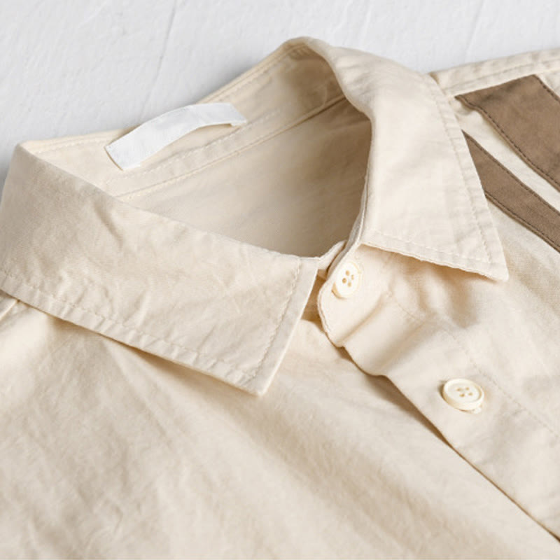 Camisa de algodón de manga larga para hombre con diseño de patchwork en contraste de color y solapa con estampado de Buddha Stones y bolsillo - image 2