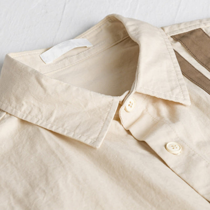 Camisa de algodón de manga larga para hombre con diseño de patchwork en contraste de color y solapa con estampado de Buddha Stones y bolsillo - image 2