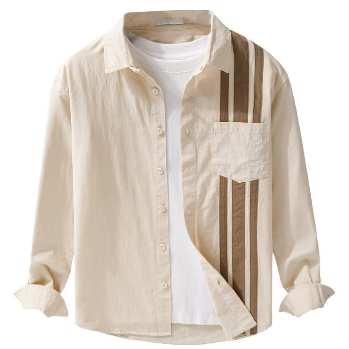 Camisa de algodón de manga larga para hombre con diseño de patchwork en contraste de color y solapa con estampado de Buddha Stones y bolsillo - image 7